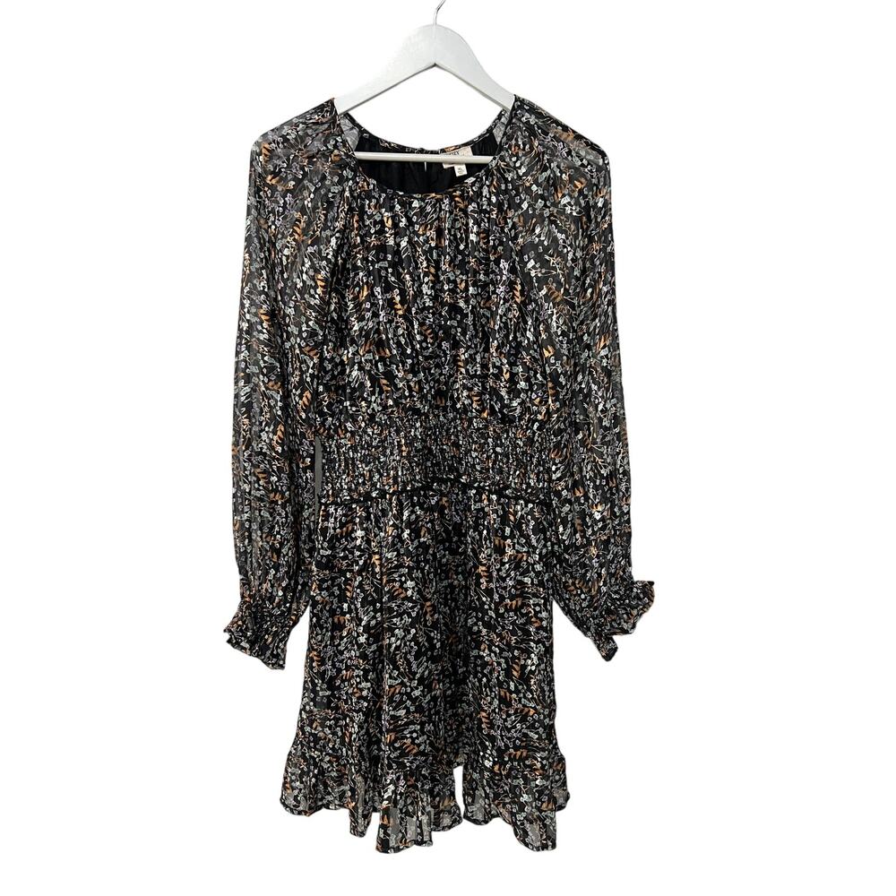 Dizzy Lizzy Women's Metallic Floral Print Smocked Long Sleeve Mini Dress XLarge